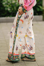 Linen Blend Printed Loose Blouse and Pants Set with Pockets