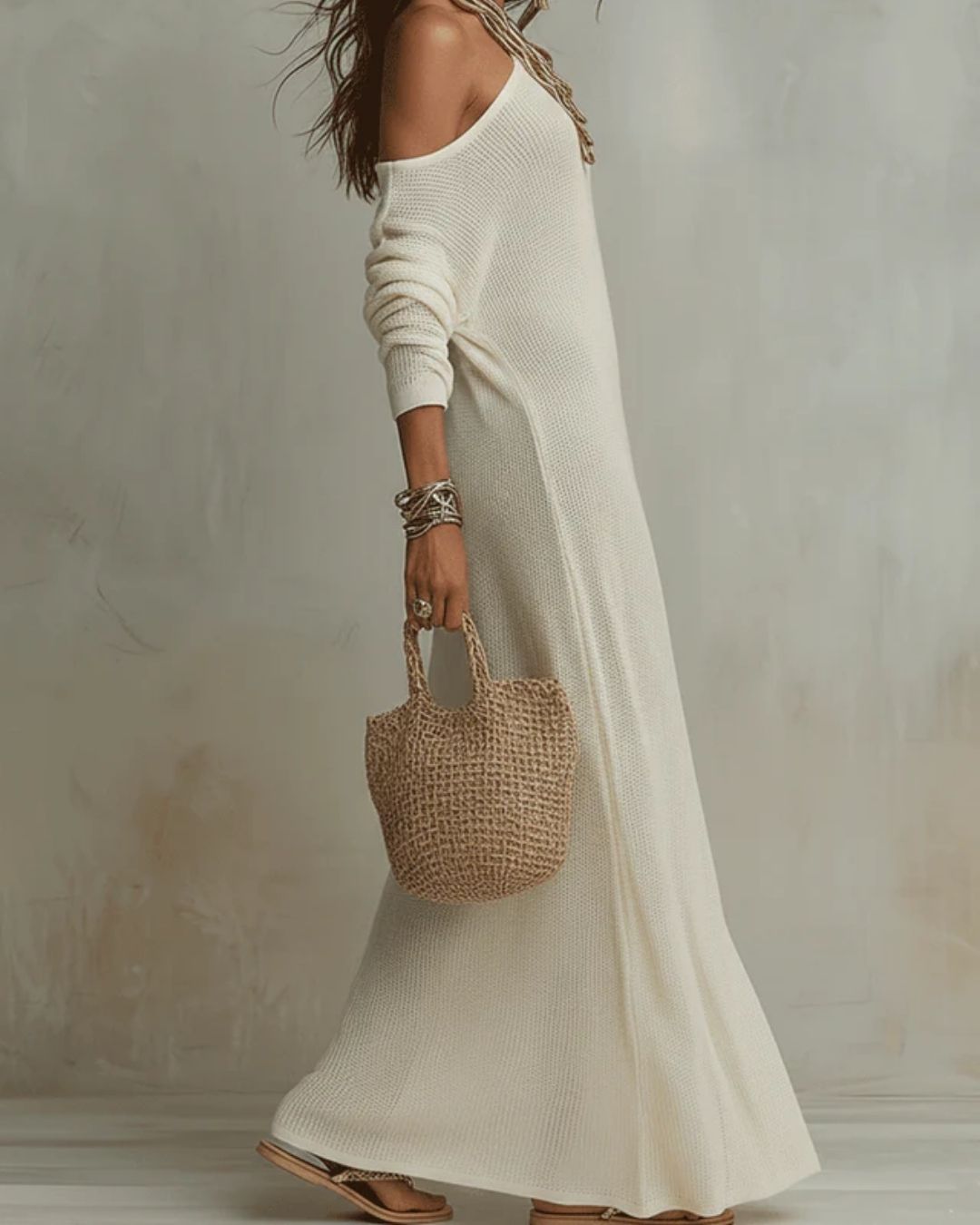 Bohemian One-Shoulder Textured Maxi Dress in Ivory