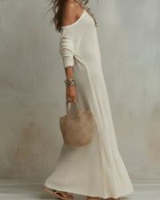 Bohemian One-Shoulder Textured Maxi Dress in Ivory