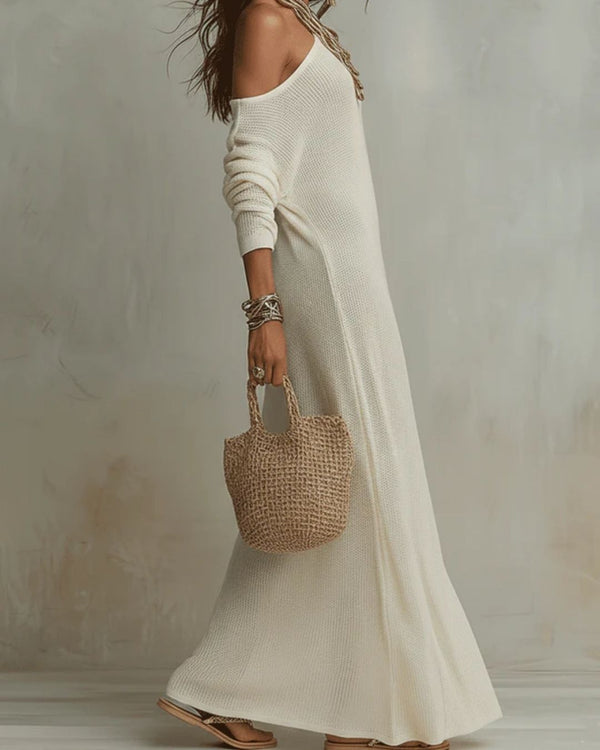 Bohemian One-Shoulder Textured Maxi Dress in Ivory