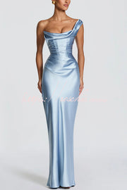 Satin One-Shoulder Pleated Maxi Dress for Party Wear
