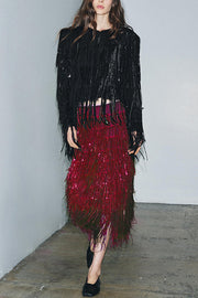 Sequin Tassel Midi Skirt – High-Rise Back Zipper Party Skirt