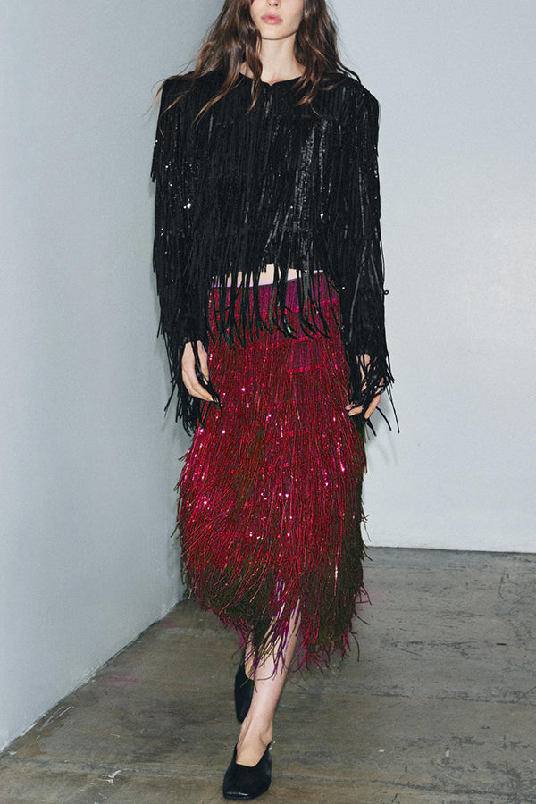 Sequin Tassel Midi Skirt – High-Rise Back Zipper Party Skirt
