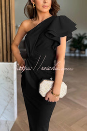 One Shoulder Ruffle Sleeve Maxi Gown with Asymmetrical Hem