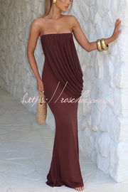 Modal Knit Strapless Maxi Dress with Asymmetric Draped Mesh