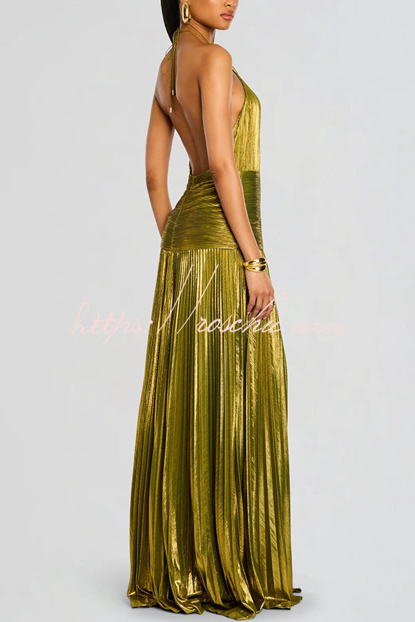 Metallic Pleated Halter Maxi Dress with Open Back & Slit