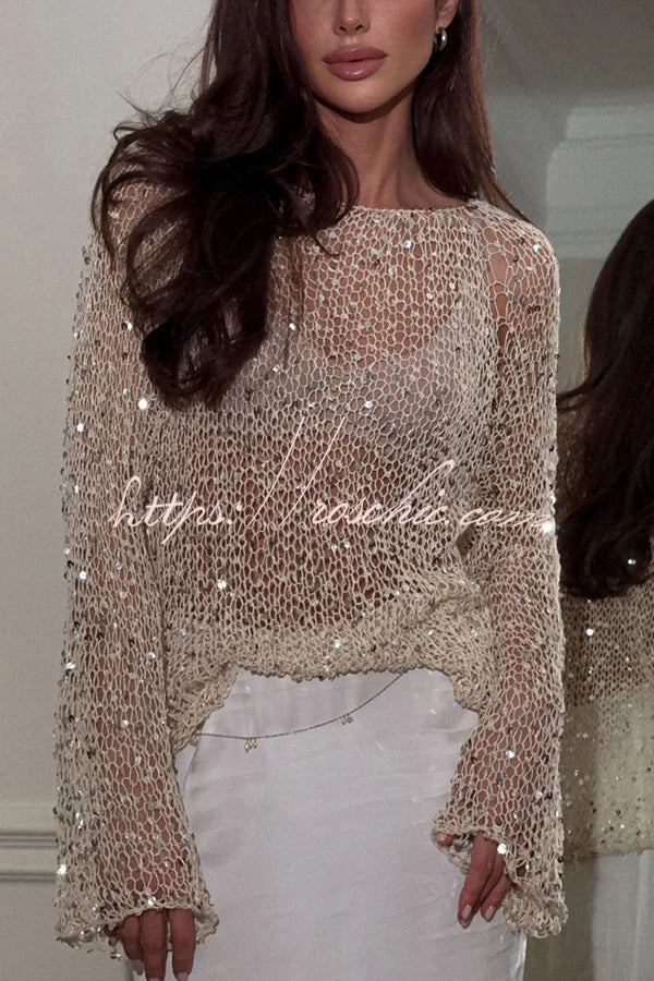 Sequin Hollow-Out Long Sleeve Loose Knit Top