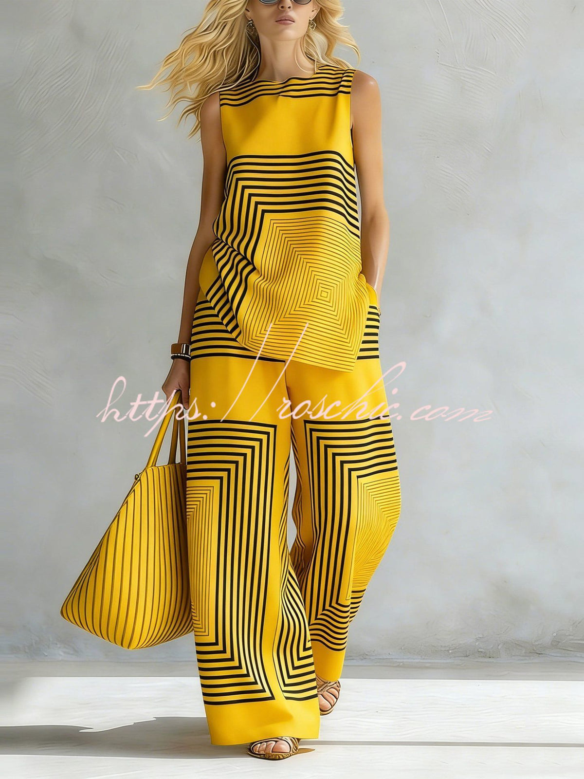 Geometric Print Sleeveless Top & Wide-Leg Pants Set