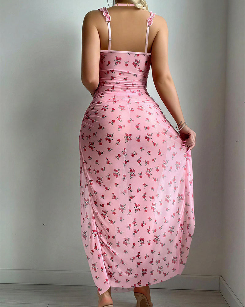 Sheer Floral Nightdress Set with Underwire & High Slit
