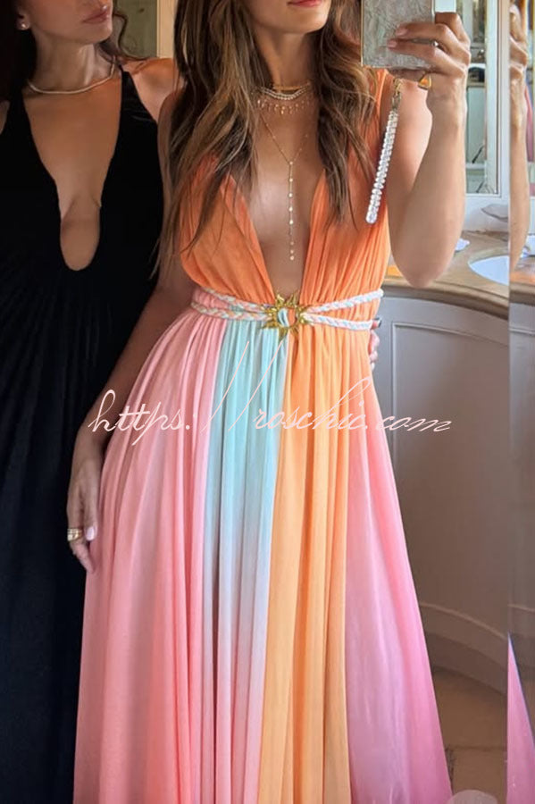 Chiffon Ombré Print Belted Vacation Maxi Dress