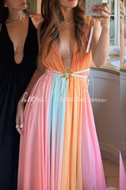 Chiffon Ombré Print Belted Vacation Maxi Dress