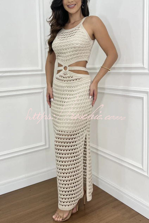 Knit Texture Side Cutout Sleeveless Stretch Maxi Dress
