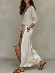 Ivory Knit & Satin Midi Skirt Set