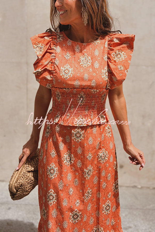 Printed Flutter Sleeve Smocked Top & Maxi Skirt Set