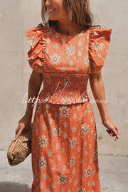 Printed Flutter Sleeve Smocked Top & Maxi Skirt Set