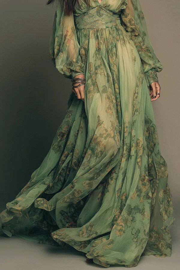 Robe longue à imprimé botanique | Col en V, manches longues