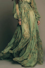 Robe longue à imprimé botanique | Col en V, manches longues