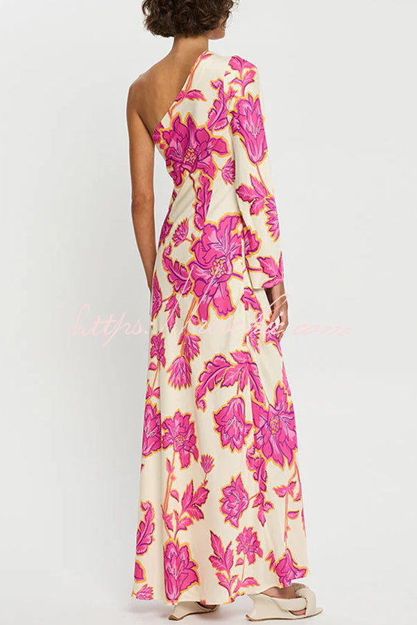 Satin Floral One Shoulder Flared Maxi Dress