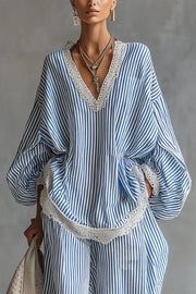 Striped V-Neck Lantern Sleeve Top & Wide-Leg Pants Set