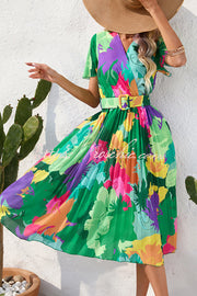 Contrast Floral Print Belted Pleated Midi Dress