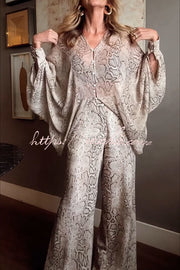 Animal Print Batwing Sleeve Shirt & Wide Leg Pants Set