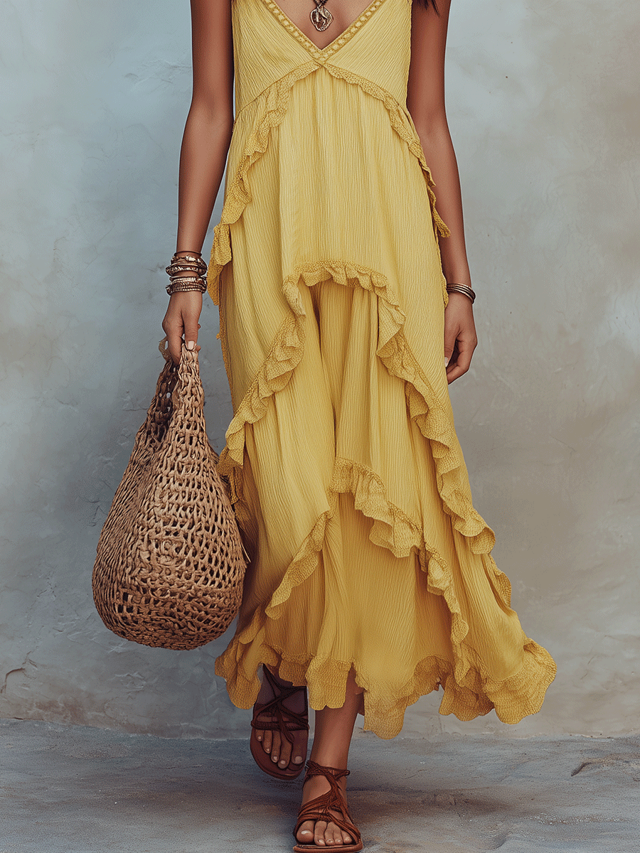 Boho Ruffle Tiered Maxi Dress with Asymmetric Hem