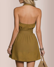 Halter V-Neck Tie Waist Mini Dress – Open Back