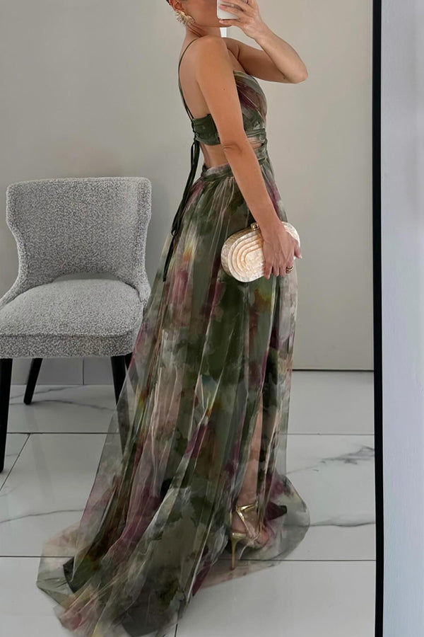 Floral Print Tulle Cutout Waist Lace-Up Maxi Dress