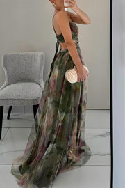 Floral Print Tulle Cutout Waist Lace-Up Maxi Dress