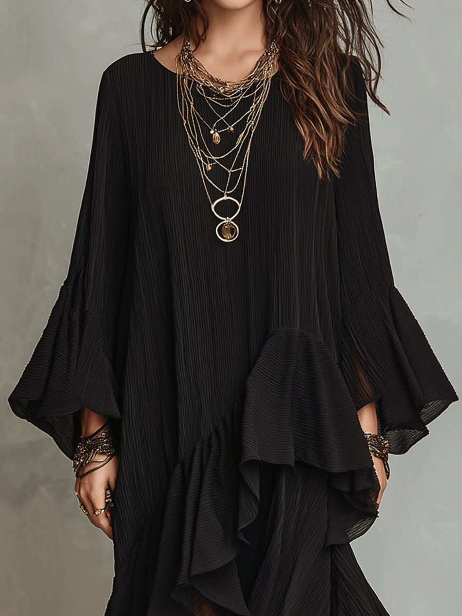 Black Asymmetric Ruffle Midi Dress – Boho Style