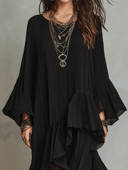 Black Asymmetric Ruffle Midi Dress – Boho Style