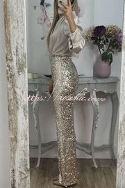 Sequin Wide Leg Pants High Rise Elastic Waist Party