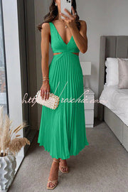 Satin Pleated Cutout Waist Sleeveless Midi Dress