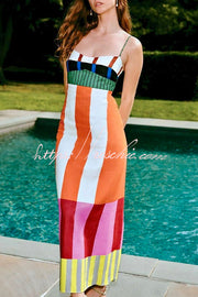 Linen Blend Color Block Slip Maxi Dress for Vacation