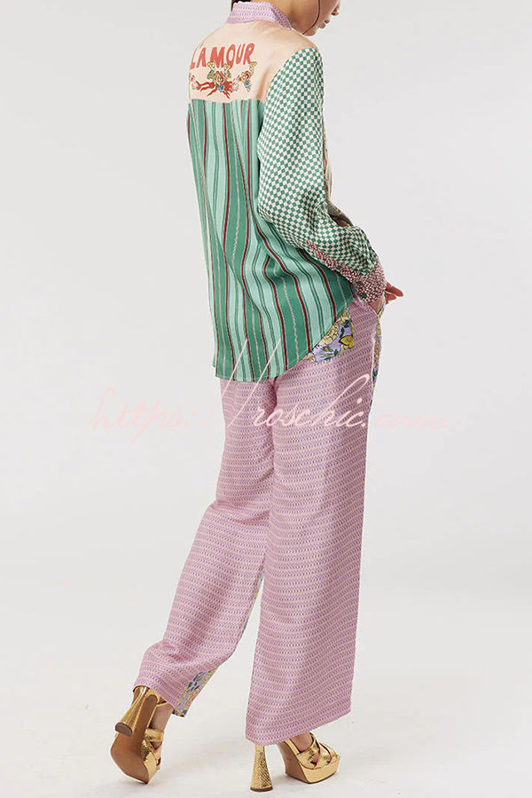 Dragon Print Patchwork Loose Shirt with Chest Pocket