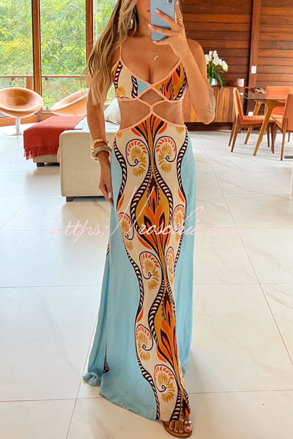 Linen Blend Cutout Waist Maxi Dress with Back Tie