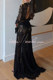 Sheer Lace Cutout Maxi Dress – Long Sleeve High Neck