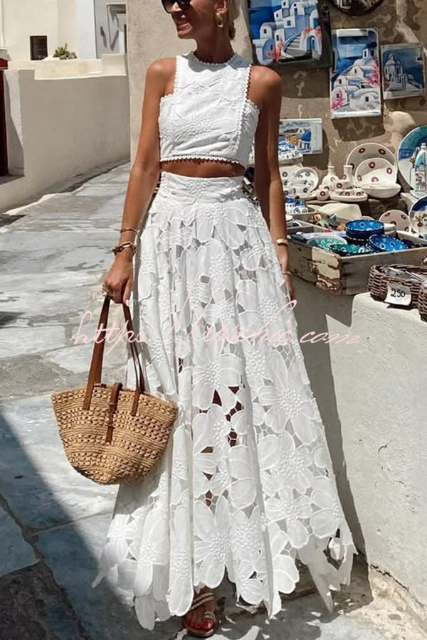 Floral Embroidery Crochet Lace Crop Tank Top, Loose Fit