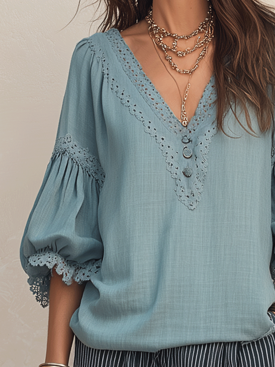 Dusty Blue Lace Trim Peasant Blouse | Boho Resort Top