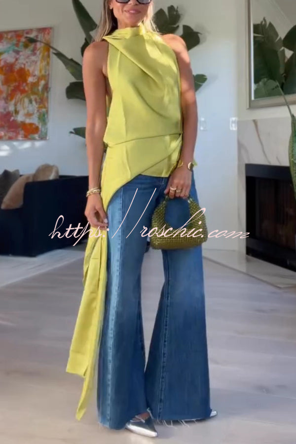 Satin Halter Top with Tie Neck and Open Back, Loose Fit