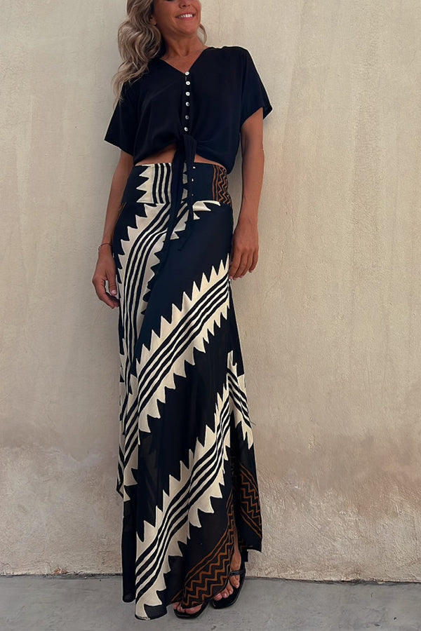 Satin Geometric Print Maxi Skirt with Elastic Waist