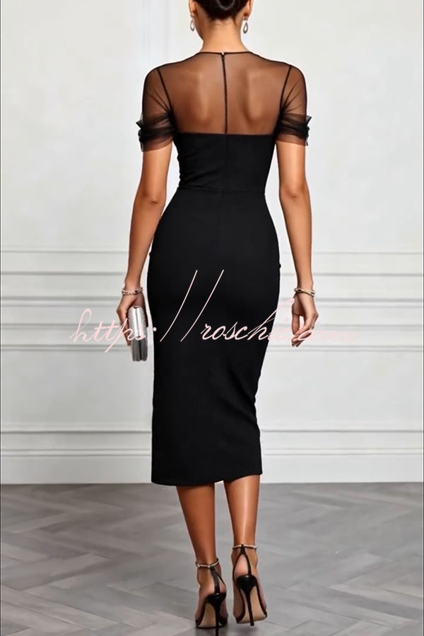 Mesh Sleeve Patchwork Sweetheart Neck Stretch Midi Dress