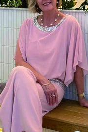 Sequin Patchwork Dolman Sleeve Top & Wide Leg Pants Set
