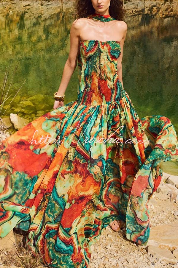 Colorful Lava Print Off Shoulder Smocked Maxi Dress