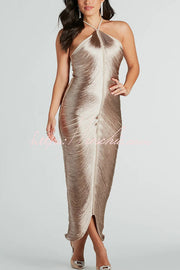 Metallic Halterneck Backless Maxi Dress with Fringe Slit