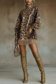 Leopard Print Sequin Turtleneck Mini Dress with Tassel Hem