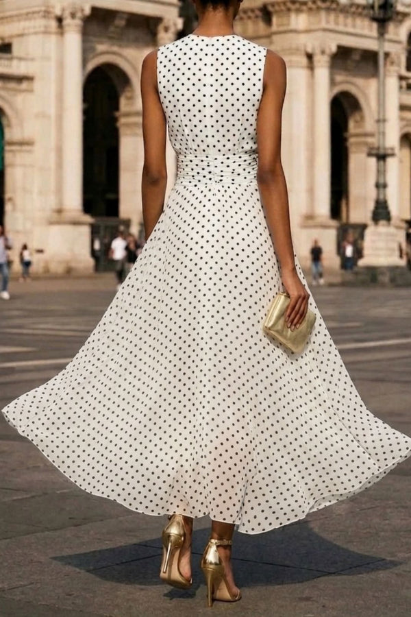 Polka Dot Sleeveless Pleated Maxi Dress for Vacation