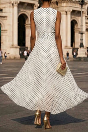 Polka Dot Sleeveless Pleated Maxi Dress for Vacation