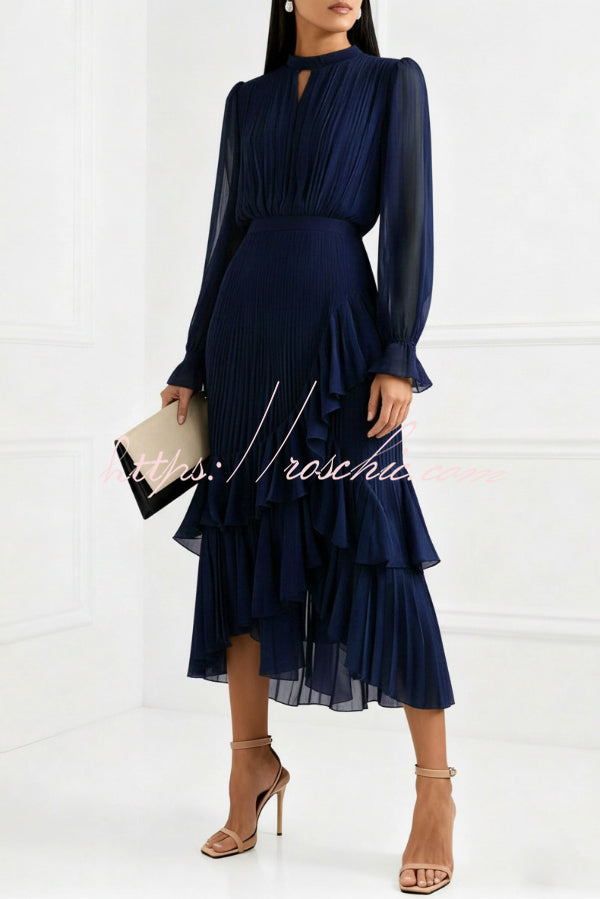 Ruffle Midi Dress Long Sleeve Round Neck Fitted Waist
