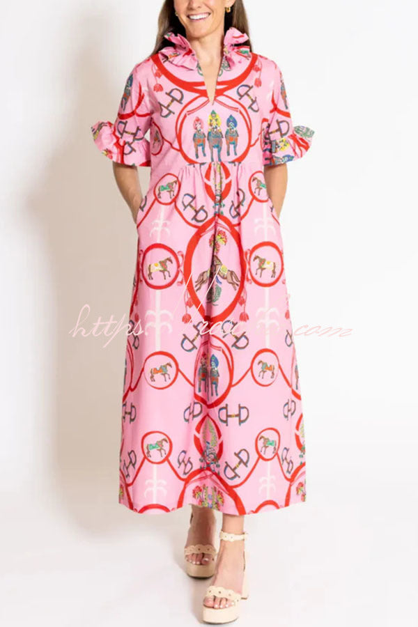Warhorse Print Caftan Midi Dress with Ruffle Sleeves